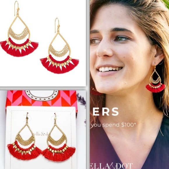 Stella & Dot | Roman [RED] + Gold Beaded  Fringe Chandeliers Earrings - Picture 3 of 13